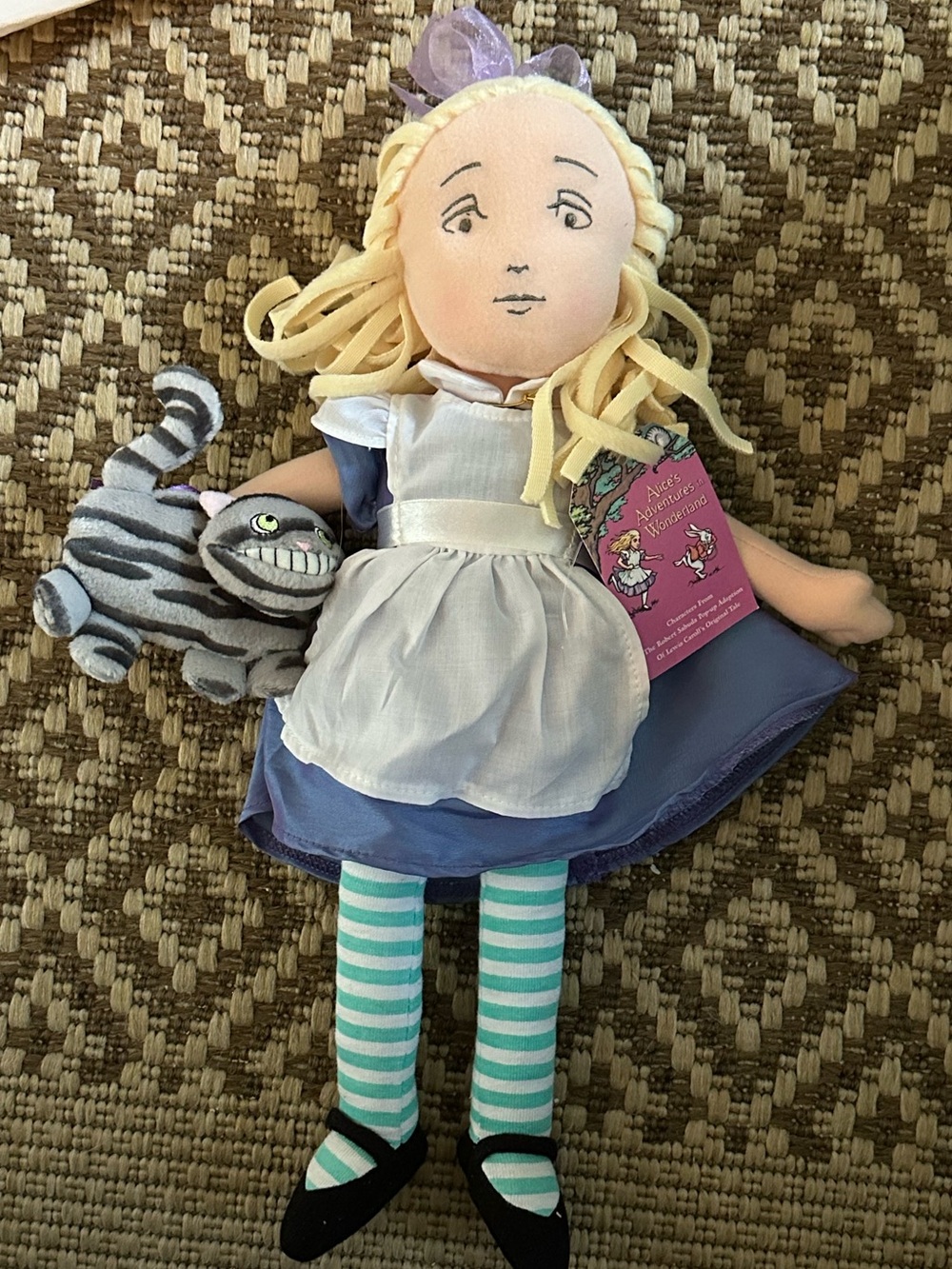 NWT Vintage Alice-Inspired Cloth Doll with Striped Cat